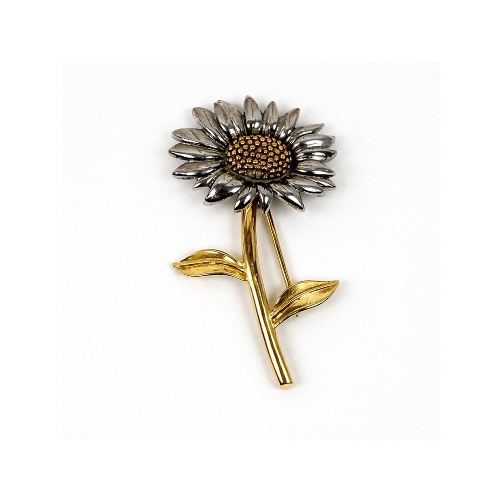 Vintage Liz Claiborne 80s Gold Silver Tone Sunflower Brooch Pin 2" LC Signed
